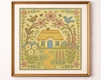 Folk Art Cottage Print, Vintage Cottagecore Garden Art, Whimsical Nursery Decor (Digital Download)