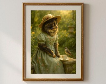 Cuadro decorativo de gatos estilo cottagecore, lámina de gatos de estilo vintage, obra de arte de animales caprichosa, acogedora escena de té en el jardín, decoración infantil de cuento de hadas