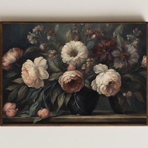Moody Floral Wall Art – Dark Vintage Still Life Printable for Living Room, Bedroom, or Entryway, Rustic Botanical Landscape Download