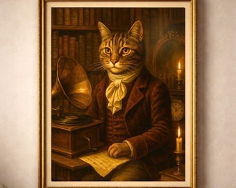 Victorian Cat Portrait, Dark Academia Library Art, Moody Animal Print (Digital Download)