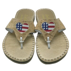 American Flag Sandals cork strap on bronze footbed