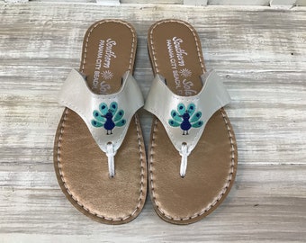 Colorful Peacock on Pearl strap and Bronze footbed