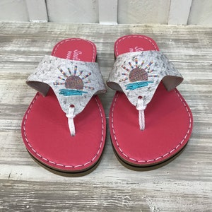 Multicolor Sunset with Blue Water on Smoke Ostrich strap and Blush Pink footbed