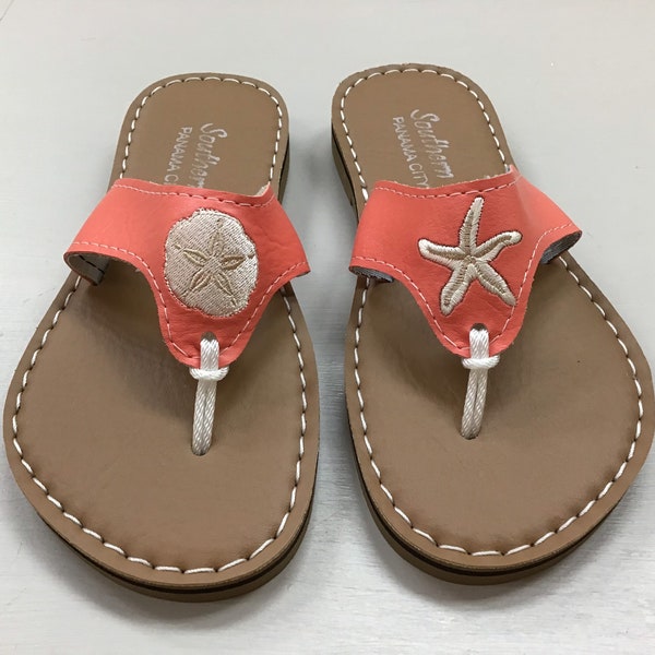 Sandollar and Starfish sandals with coral strap on suntan footbed