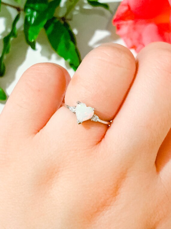 Lab Created White Opal Heart & Cz Promise .925 Sterling Silver Ring Lab Created White Opal Heart & Cz Promise .925 Sterling Silver Ring