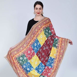 Pakistani Heavy Silk Dupatta with Mirror Work with Colourful block print