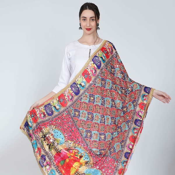 Pakistani Heavy Silk Dupatta with Mirror Work with Colorful block print