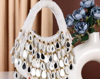 Beaded Pearl bag, Bridal bag, White bag, Embroidered Bag, moon bag, crescent moon bag, Ivory pearl bag, intricate designer bag, Indian purse