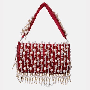 Royal Ruby Pearl Beaded Handbag Embellished Red Handbag with Flap Bridal Clutch| Perfect Wedding & Party Purse