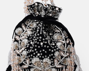 Black Velvet Embroidered Bridal Potli bag, evening party bag, designer wear potli