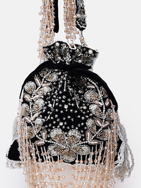 Black Velvet Embroidered Bridal Potli bag, evening party bag, designer wear  potli