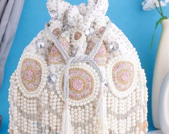 Charlotte Potli Bag : White Beads, Pearls, Sequins, Stones, Embroidery, Embellished Potli Bag