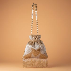 Luxurious Wedding Golden Silver Embellished Potli Bag | Indian Handcrafted, Stylish Drawstring Purse, Premium Embroidered Potli Bag