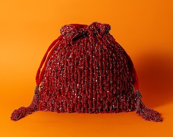 Red Crystal Potli Bag with Long Drawstring Tassels | Embellished Red Potli Bag | Red Party Clutch | Bridal Handbag | Wedding Purse Handmade