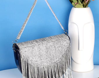 Rhinestone Fringe Clutch – Navy Blue