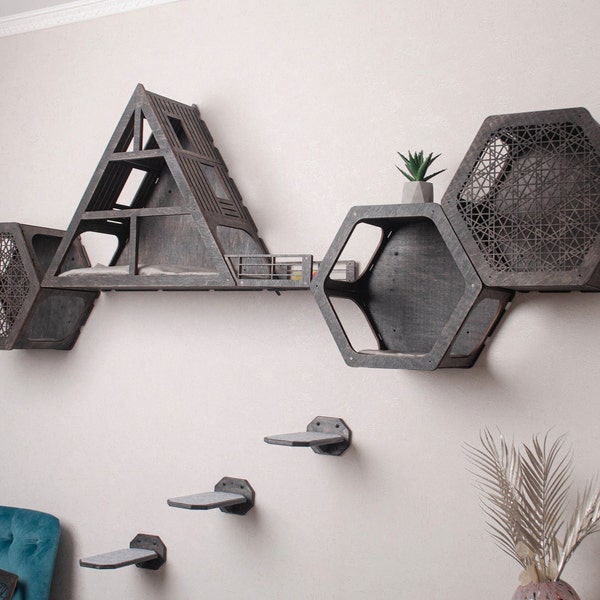 Modern cat tree, cat furniture, cat shelves, cat wall furniture set, cat bed, cat house, cat decor, cat wall shelves, cat hexagon shelves