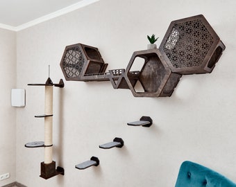 Conjunto de móveis de parede para gatos, torre de árvore de sisal para gatos montada na parede, arranhador para gatos, poste para arranhar gatos, prateleiras para gatos, árvore para gatos de parede, cama para gatos, condomínio para gatos