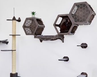 Juego de muebles de pared para gatos modernos e industriales, estantes para gatos, estantes de pared para gatos, estantes de pared hexagonales para gatos, cama de pared para gatos, árbol de pared para gatos, pared para trepar gatos