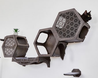 Zeshoekige kattenmuurmeubels, kattenplanken, kattenmuurbed, moderne krabpaal, aan de muur gemonteerde kattenmandbrug, kattenappartement, treden voor kattenmuur