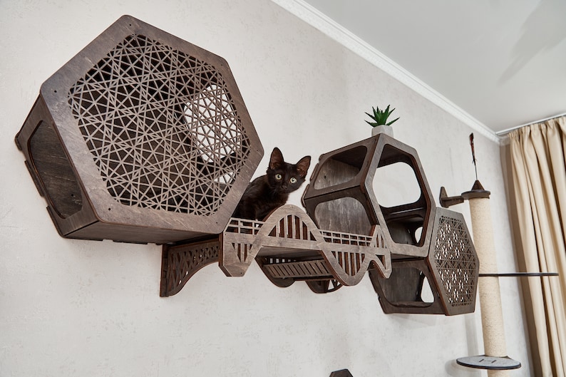 Puede incluir: Un gato negro se sienta en un &aacute;rbol para gatos de madera con un dise&ntilde;o hexagonal. El &aacute;rbol para gatos est&aacute; montado en una pared y tiene un puente, una plataforma y una peque&ntilde;a casa. El &aacute;rbol para gatos est&aacute; hecho de madera oscura y tiene un patr&oacute;n geom&eacute;trico.