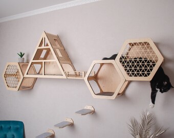 Móveis modernos de parede para gatos, cama de gato, parede moderna de árvore de gato, prateleira hexagonal para gatos, parede de móveis para gatos, prateleiras de parede para gatos, degraus de parede para gatos, caverna para gatos,