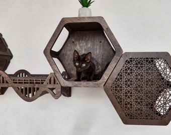 Kattenmuurmeubilair, moderne kattenplanken, krabpaalmuur, kattenmand, zeshoekige kattenplankenset, kattenmuurplank, kattenbrug, kattenklimmuur