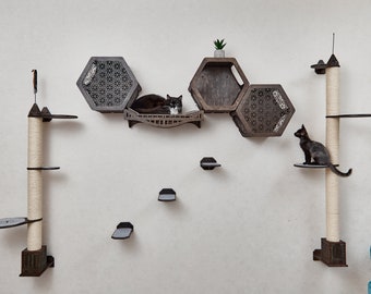 Conjunto moderno de móveis de parede para gatos com torre de arranhar, prateleiras para gatos, cama para gatos, arranhador para gatos, parede de escalada para gatos, árvore de parede para gatos, cama de parede para gatos