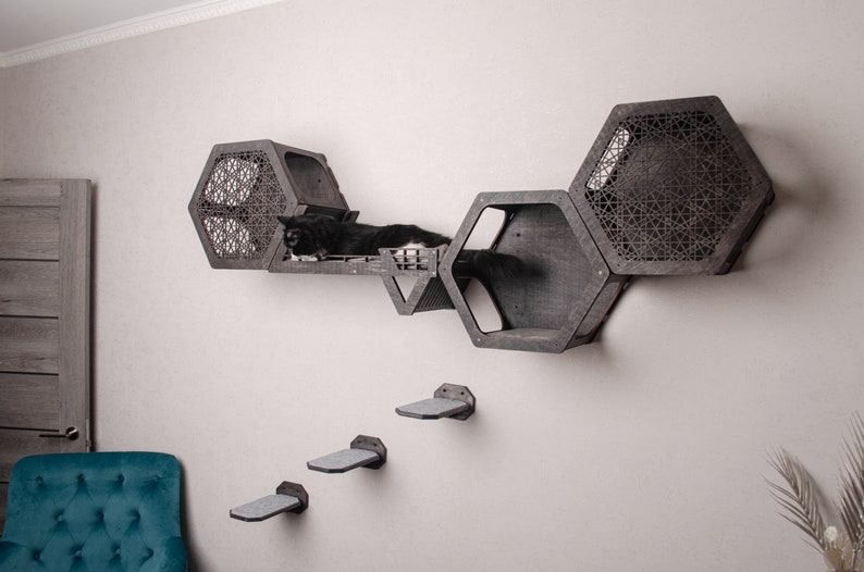 Puede incluir: Un gato negro descansando en un &aacute;rbol para gatos de madera con estantes hexagonales. El &aacute;rbol para gatos est&aacute; montado en una pared blanca. Hay tres plataformas m&aacute;s peque&ntilde;as debajo del &aacute;rbol para gatos principal.