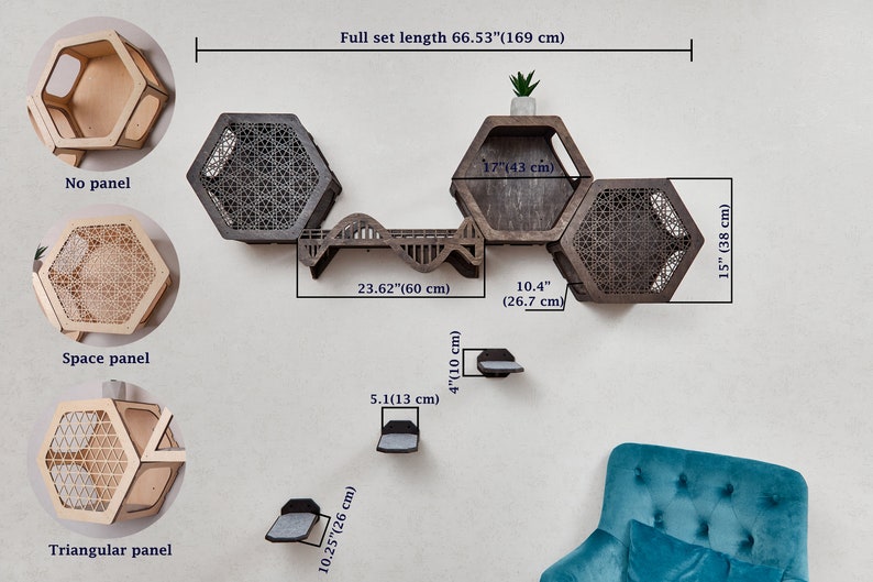 Puede incluir: Un &aacute;rbol para gatos de pared con estantes hexagonales y un puente. Los estantes son de madera y tienen un acabado natural. El puente es de madera y tiene un dise&ntilde;o ondulado. El &aacute;rbol para gatos mide 169 cm de largo. El &aacute;rbol para gatos se muestra con una peque&ntilde;a planta en uno de los estantes.