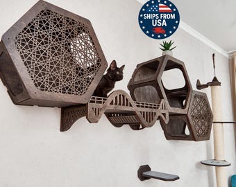 Modern cat wall furniture set - hexagon cat wall shelves, cat wall bed, cat wall steps