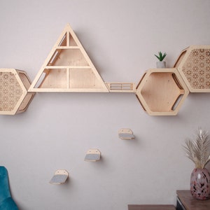 Natural cat tree, modern cat furniture, cat house, cat wall furniture set, cat wall shelves, cat hexagon shelves, modern cat tree, cat bed