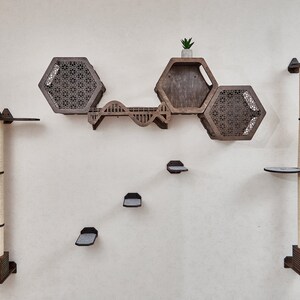 May include: A wall-mounted cat tree with a hexagonal shelf unit, a scratching post, and multiple platforms. The cat tree is 65 inches tall and 50 inches wide. The hexagonal shelf unit has a geometric design and is made of wood. The scratching post is covered in sisal rope and has a beige color. The platforms are made of wood and have a dark brown color.
