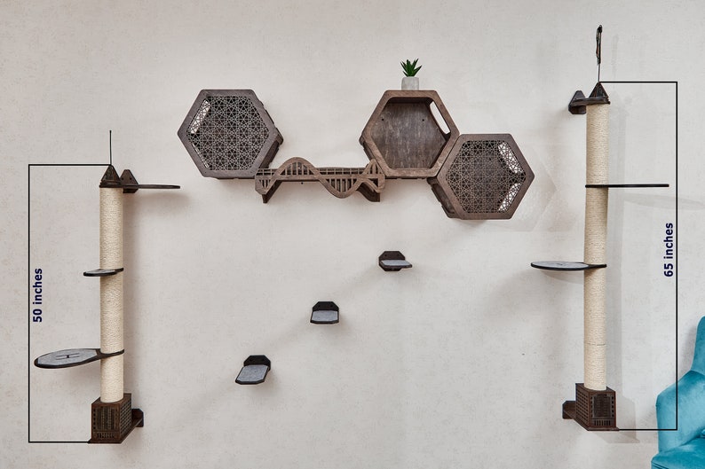 May include: A wall-mounted cat tree with a hexagonal shelf unit, a scratching post, and multiple platforms. The cat tree is 65 inches tall and 50 inches wide. The hexagonal shelf unit has a geometric design and is made of wood. The scratching post is covered in sisal rope and has a beige color. The platforms are made of wood and have a dark brown color.