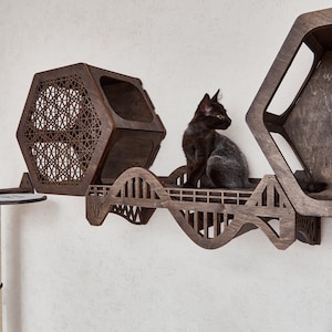 Puede incluir: Un &aacute;rbol para gatos de madera con una cama hexagonal para gatos, un puente y un poste para rascar. Un gato negro est&aacute; sentado en el puente.