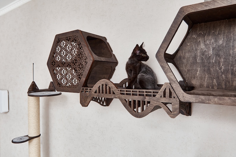 Puede incluir: Un &aacute;rbol para gatos de madera con una cama hexagonal para gatos, un puente y un poste para rascar. Un gato negro est&aacute; sentado en el puente.