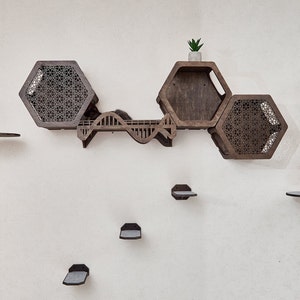Puede incluir: Un &aacute;rbol para gatos de madera con m&uacute;ltiples plataformas y un puente. Las plataformas tienen forma de hex&aacute;gonos y presentan un patr&oacute;n geom&eacute;trico. El puente es curvo y tiene una textura de madera. El &aacute;rbol para gatos est&aacute; montado en una pared blanca.