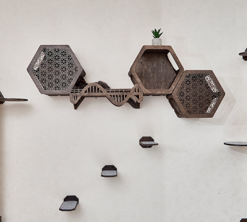 Puede incluir: Un &aacute;rbol para gatos de madera con m&uacute;ltiples plataformas y un puente. Las plataformas tienen forma de hex&aacute;gonos y presentan un patr&oacute;n geom&eacute;trico. El puente es curvo y tiene una textura de madera. El &aacute;rbol para gatos est&aacute; montado en una pared blanca.