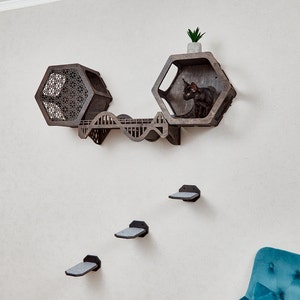 Puede incluir: Un &aacute;rbol para gatos de madera con un estante hexagonal y una peque&ntilde;a planta. El &aacute;rbol para gatos tiene un puente y tres plataformas. Un gato negro est&aacute; sentado en el estante hexagonal.