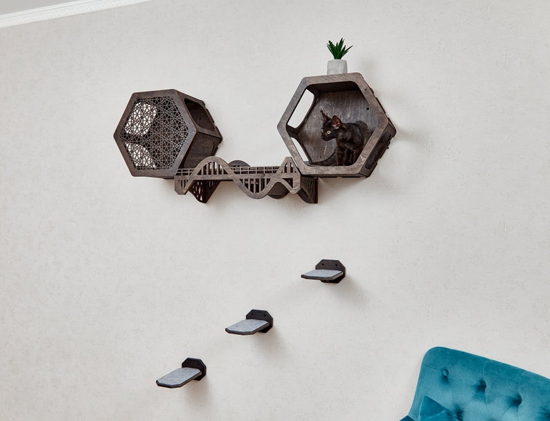 Puede incluir: Un &aacute;rbol para gatos de madera con un estante hexagonal y una peque&ntilde;a planta. El &aacute;rbol para gatos tiene un puente y tres plataformas. Un gato negro est&aacute; sentado en el estante hexagonal.