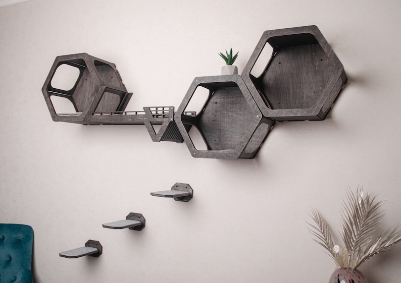 Puede incluir: Un sistema de estanter&iacute;as para gatos de pared hecho de madera oscura con estantes hexagonales y un puente. Las estanter&iacute;as est&aacute;n dispuestas en forma escalonada y tienen una peque&ntilde;a planta en la estanter&iacute;a superior. Tambi&eacute;n hay tres plataformas m&aacute;s peque&ntilde;as debajo de las estanter&iacute;as.