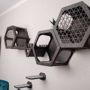 Puede incluir: Un conjunto de estantes hexagonales hechos de madera oscura con un patr&oacute;n geom&eacute;trico. Los estantes est&aacute;n montados en una pared blanca y est&aacute;n dispuestos en un patr&oacute;n escalonado. Hay dos peque&ntilde;as plataformas debajo de los estantes.