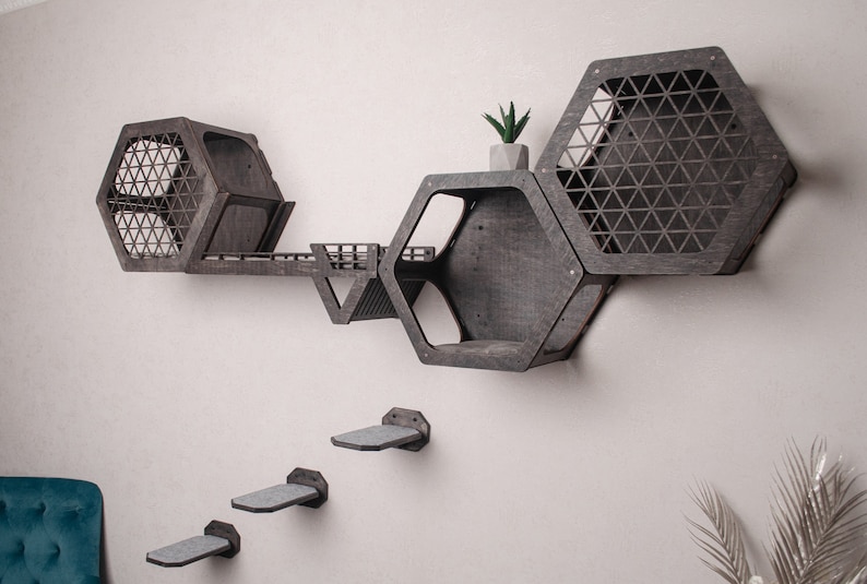 Puede incluir: Un &aacute;rbol para gatos moderno hecho de madera oscura con estantes hexagonales y un puente. El &aacute;rbol para gatos est&aacute; montado en una pared blanca e incluye una peque&ntilde;a planta en una maceta gris. Tambi&eacute;n hay tres plataformas grises que est&aacute;n montadas en la pared.