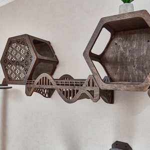 Puede incluir: Un &aacute;rbol para gatos de madera con un puente y varias estanter&iacute;as hexagonales. Las estanter&iacute;as tienen un patr&oacute;n geom&eacute;trico cortado en la madera. El &aacute;rbol para gatos est&aacute; montado en una pared.