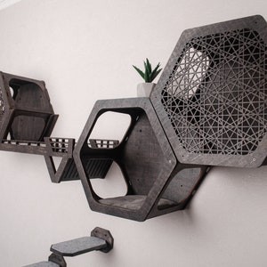 Puede incluir: Un conjunto de tres estantes hexagonales para gatos hechos de madera oscura con un patr&oacute;n geom&eacute;trico. Los estantes est&aacute;n fijados a la pared y tienen una peque&ntilde;a plataforma para que los gatos puedan saltar.