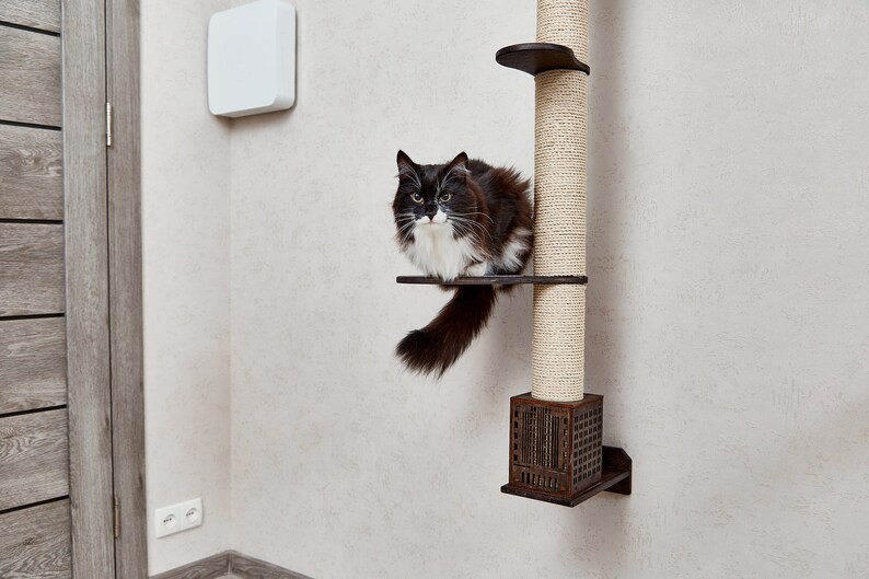 May include: A black and white cat sits on a platform of a tall, beige, sisal-covered cat scratching post. The post is mounted to a white wall.