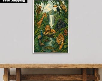 Vintage Jungle Safari Poster Print | Tropical Animal Wall Art