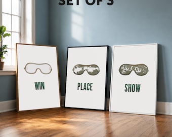 Juego de láminas minimalistas con diseño de gafas de jockey / Arte mural de carreras de caballos, decoración ecuestre (JUEGO DE 3)