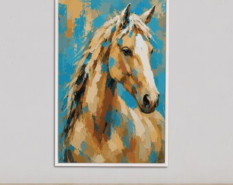 Lienzo moderno de estilo western con motivos ecuestres / Decoración rústica de granja con caballos / Estampado de caballo azul