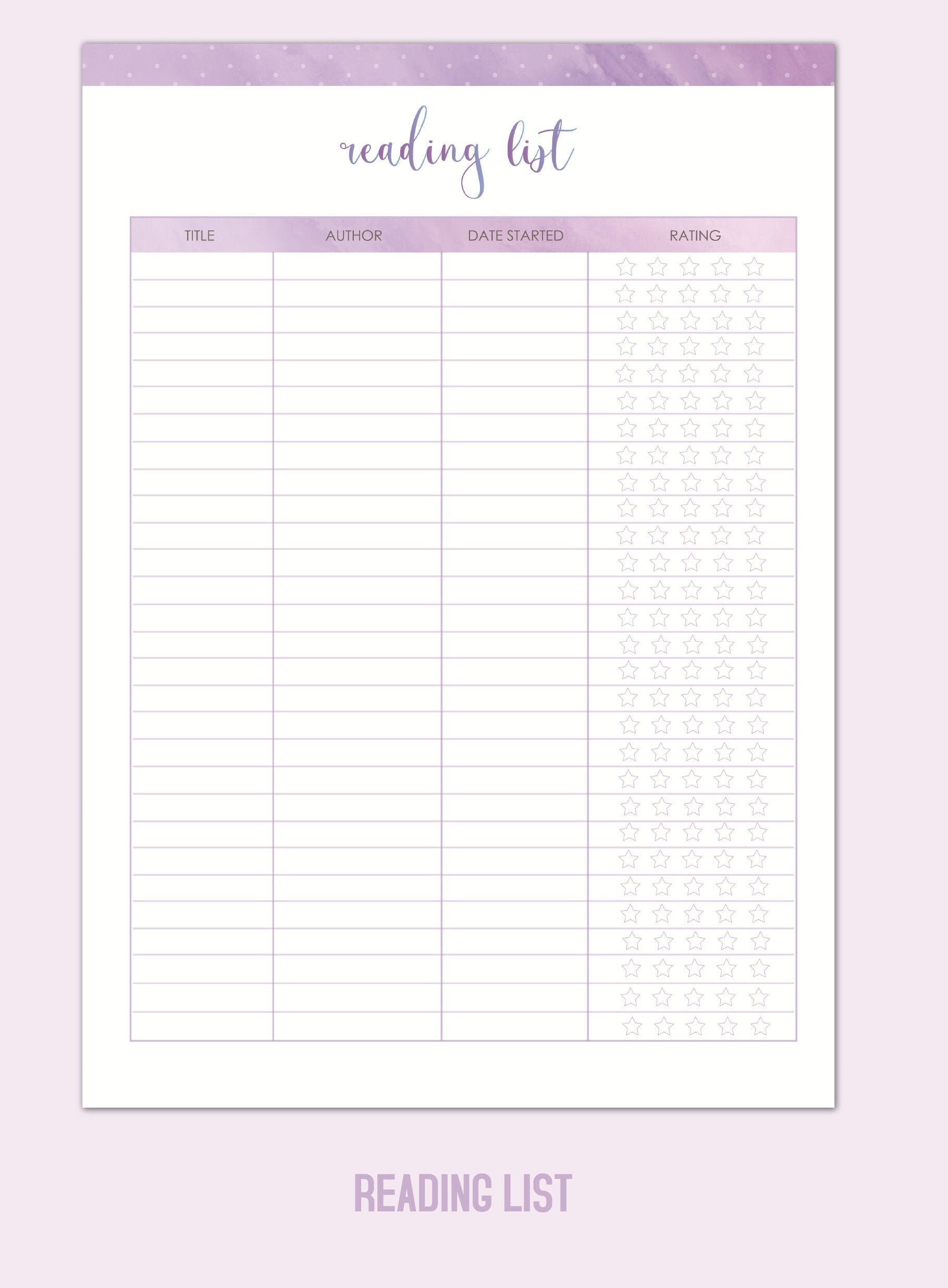 Reading List Printable Planner Pages Downloadable Planner Etsy