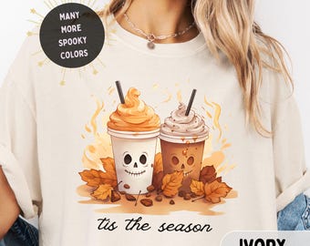 Camiseta con cara de esqueleto de café con leche, colores reconfortantes, hojas de otoño para amantes del café, es la temporada, Halloween, otoño, espeluznante, regalo de café